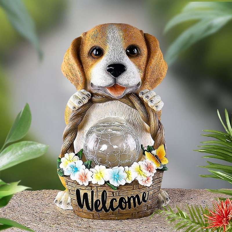 Garden Puppy Dog Flower Basket Decoration Props Outdoor Solar Luminous Cute Animal Statue Garden Res