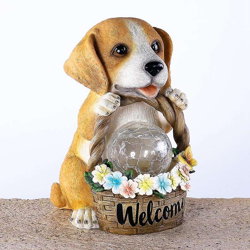 Garden Puppy Dog Flower Basket Decoration Props Outdoor Solar Luminous Cute Animal Statue Garden Res