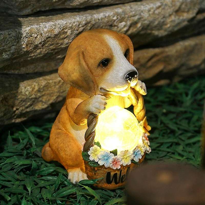 Garden Puppy Dog Flower Basket Decoration Props Outdoor Solar Luminous Cute Animal Statue Garden Res