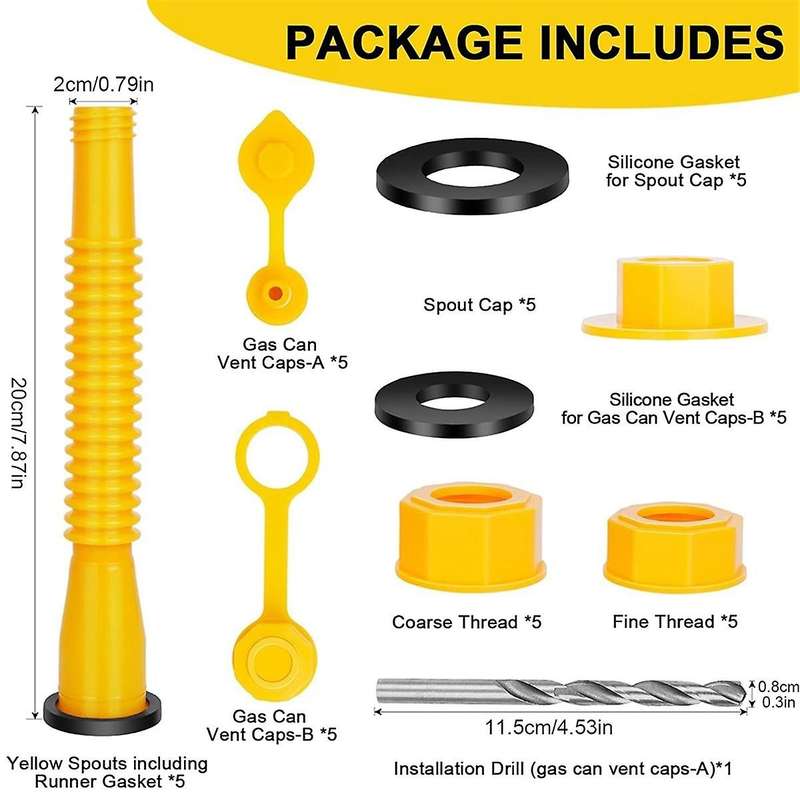 Gas Tank Spout Replacement, Gas Tank Spout, (5 Set - Yellow) Flexible Pour Spout, Fits Most 1/2/5/10