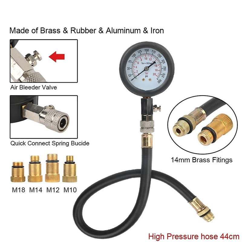 Gasoline Engine Compression Meter with M10 M12 M14 Adapter 0-300 PSI Pressure Gauge Automotive Cylin