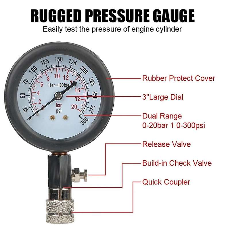 Gasoline Engine Compression Meter with M10 M12 M14 Adapter 0-300 PSI Pressure Gauge Automotive Cylin