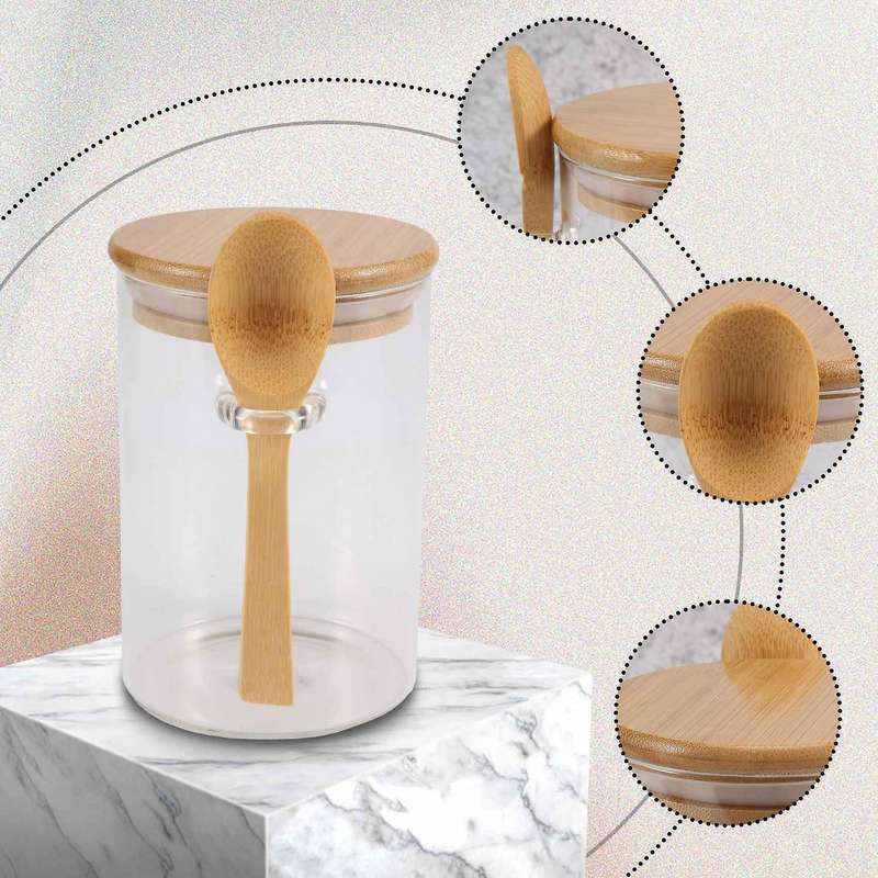 Glass Food Airtight Canister Wooden Twist Lid Kitchen Candy Storage Tank Jar Bamboo Food Container
