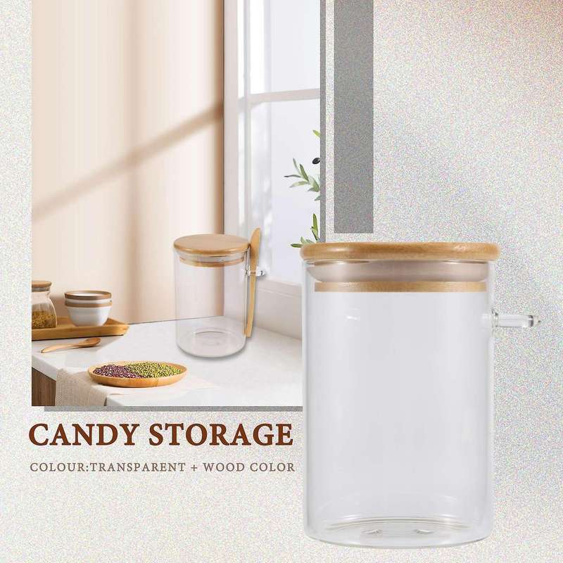 Glass Food Airtight Canister Wooden Twist Lid Kitchen Candy Storage Tank Jar Bamboo Food Container
