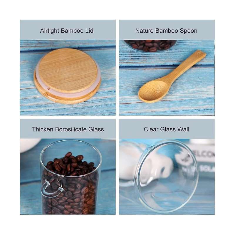 Glass Jars with Bamboo Lids and Spoon, 17oz Glass Sugar Container with Wooden Lids and Scoop, Coffe