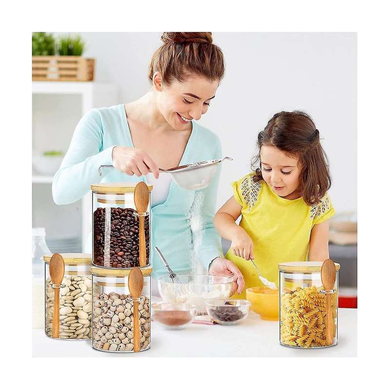 Glass Jars with Bamboo Lid & Bamboo Spoons Glass Food Storage Jars Borosilicate Glass Canisters