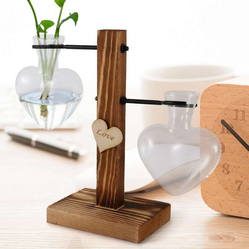 Glass Test Tube Vase Wood Stand Glass Vase Heart Shape Romantic Hydroponic Plants Holder Bonsai Des