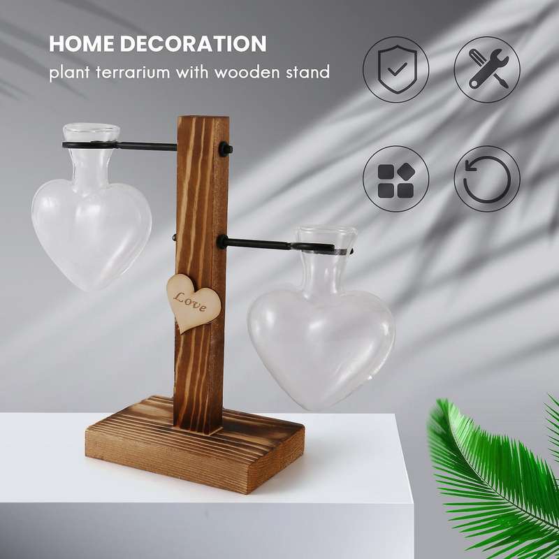 Glass Test Tube Vase Wood Stand Glass Vase Heart Shape Romantic Hydroponic Plants Holder Bonsai Des