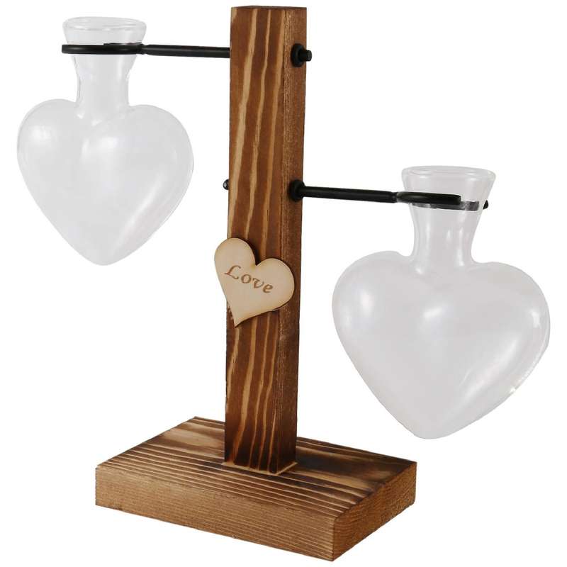 Glass Test Tube Vase Wood Stand Glass Vase Heart Shape Romantic Hydroponic Plants Holder Bonsai Des