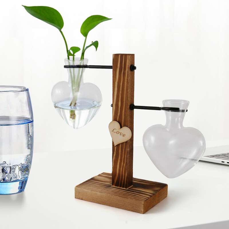 Glass Test Tube Vase Wood Stand Glass Vase Heart Shape Romantic Hydroponic Plants Holder Bonsai Des
