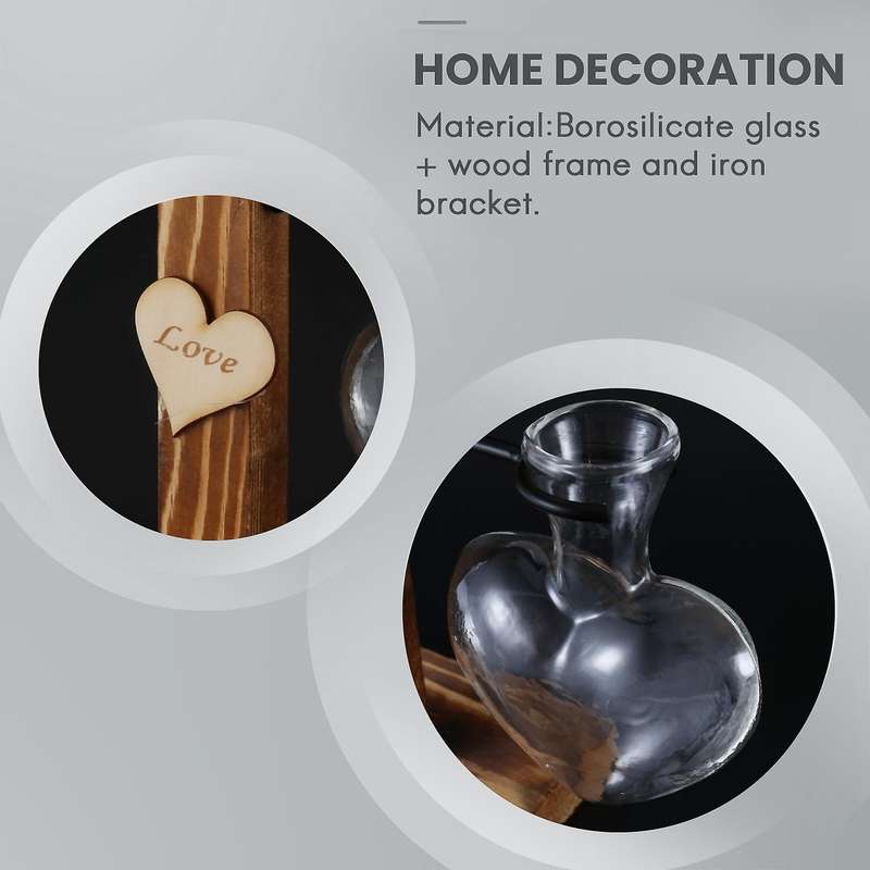 Glass Test Tube Vase Wood Stand Glass Vase Heart Shape Romantic Hydroponic Plants Holder Bonsai Des