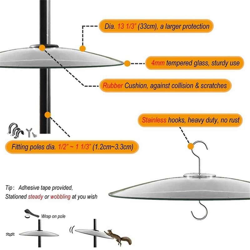 Glass Squirrel Baffle for Bird Feeders Pole - Shepherd Hooks/post Hanging - Clear 13inch