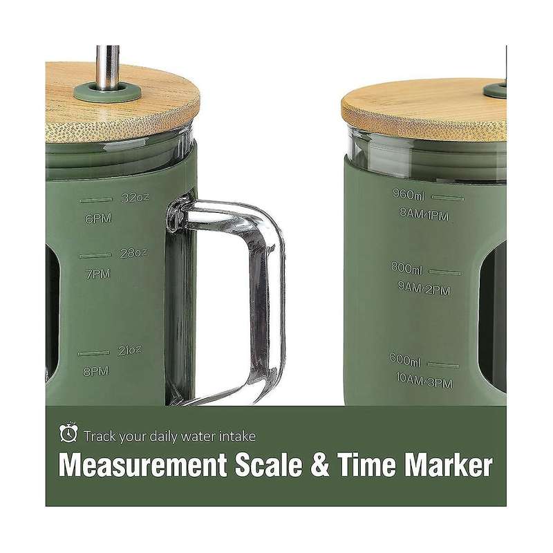 Glass Tumbler with Bamboo Lid and Straw, with Handle Reusable Cup with Time Marker and Silicone Sle