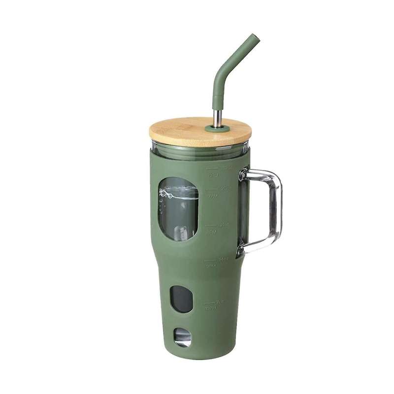 Glass Tumbler with Bamboo Lid and Straw, with Handle Reusable Cup with Time Marker and Silicone Sle