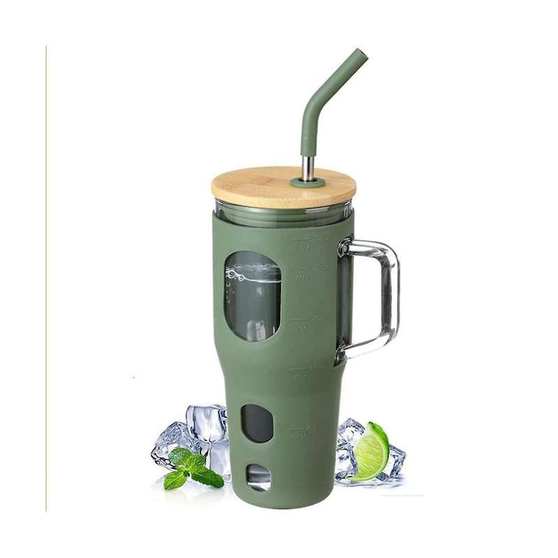 Glass Tumbler with Bamboo Lid and Straw, with Handle Reusable Cup with Time Marker and Silicone Sle
