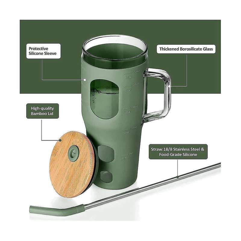 Glass Tumbler with Bamboo Lid and Straw, with Handle Reusable Cup with Time Marker and Silicone Sle