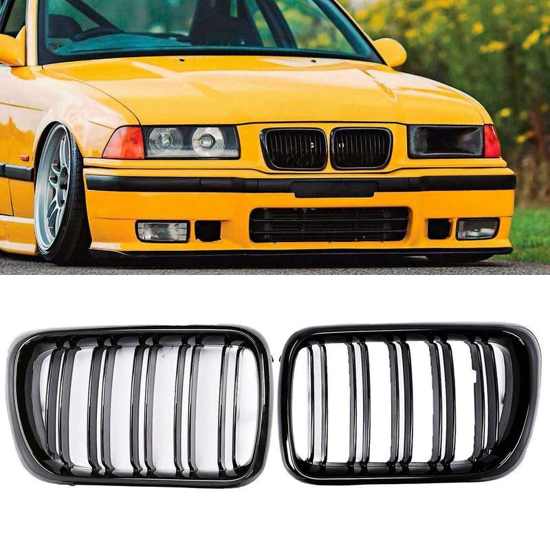 Gloss Black Front Kidney Grilles Grill for - E36 3 Series E36 328I 1996-1999 Double Slat Sport Style