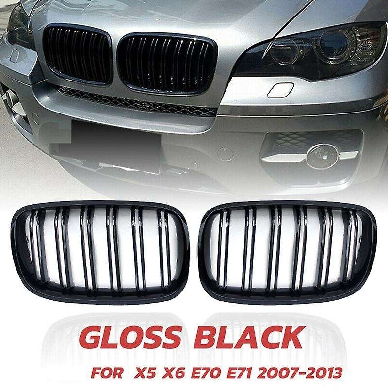 Glossy Black Front Bumper Kidney Grille Double Slat Front Mesh Grill for X5 X6 E70 E71 2007-2013