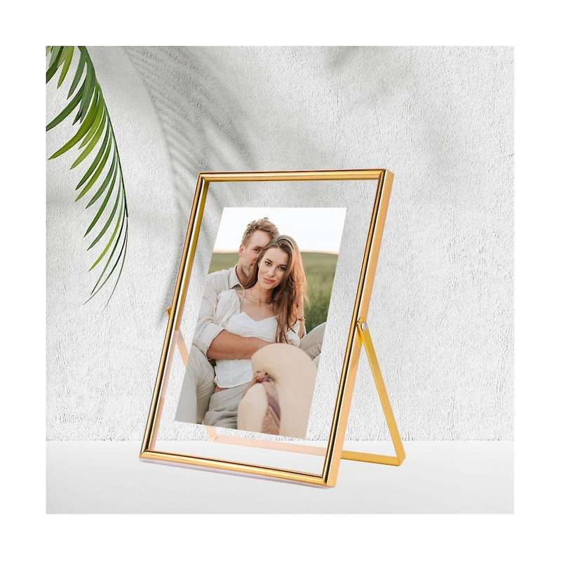 Gold Floating Picture Frame Set Of 2, Gift Metal Glass Photo Frames, for Tabletop Display Vertically