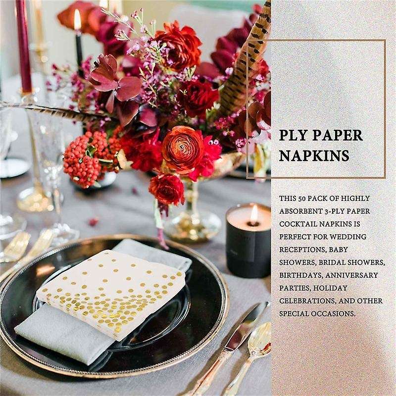 Gold Dot Napkins (50 Pack)3-ply Paper Napkins with Gold Foil Polka Perfect for Birthday Party, Baby