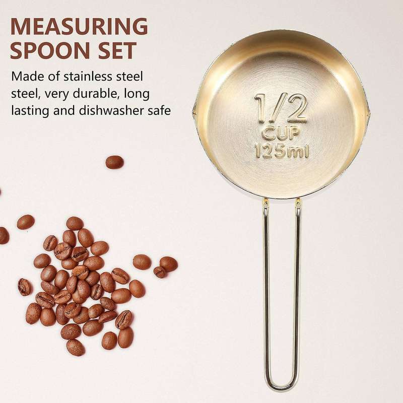 Gold Measuring Cups Measuring Spoons Set Stainless Steel 8 Piece Dry and Liquid Ingredients Cooking