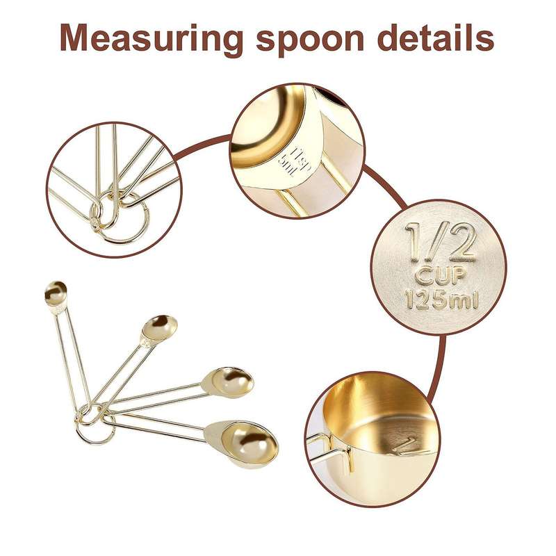 Gold Measuring Cups Measuring Spoons Set Stainless Steel 8 Piece Dry and Liquid Ingredients Cooking