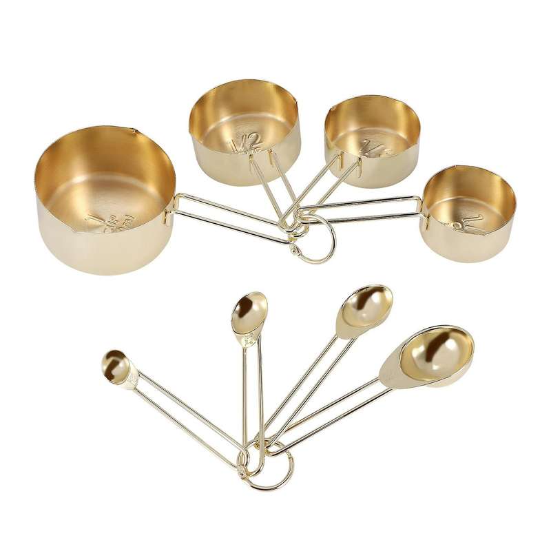 Gold Measuring Cups Measuring Spoons Set Stainless Steel 8 Piece Dry and Liquid Ingredients Cooking
