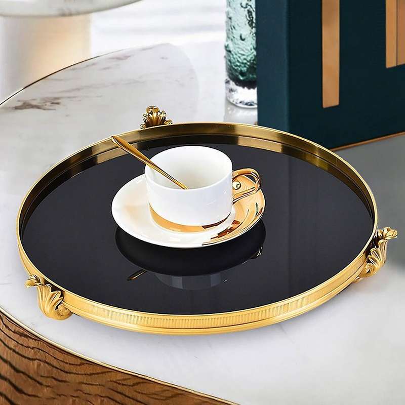 Gold Mirror Tray Gold Inlay Glass Storage Tray Decorative Golden Copper Base Plate Restaurant Servin
