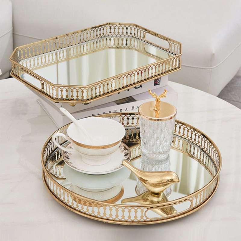 Gold Mirror Glass Metal Tray Makeup Organizer Dessert Serving Plate Ornate Perfumes Tray Decorative