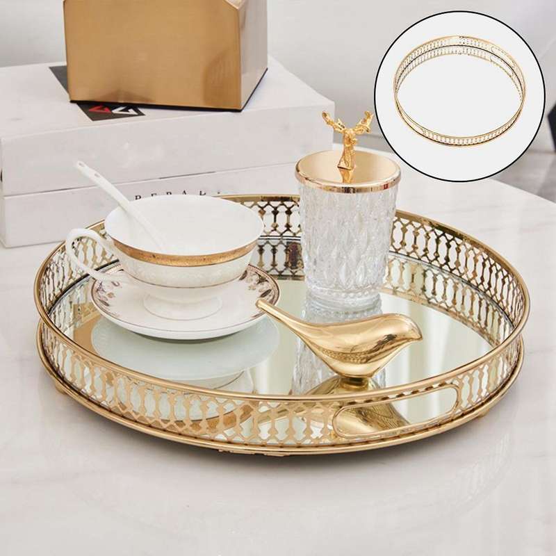 Gold Mirror Glass Metal Tray Makeup Organizer Dessert Serving Plate Ornate Perfumes Tray Decorative