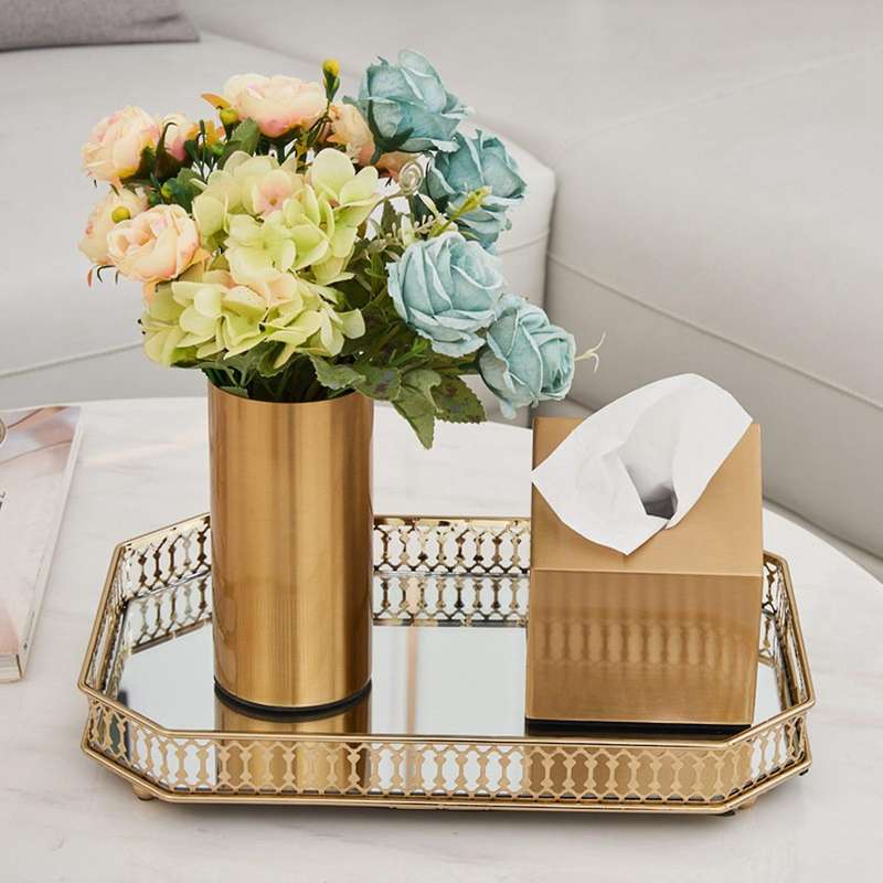 Gold Mirror Glass Metal Tray Makeup Organizer Dessert Serving Plate Ornate Perfumes Tray Decorative