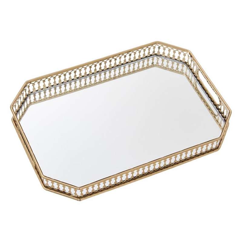 Gold Mirror Glass Metal Tray Makeup Organizer Dessert Serving Plate Ornate Perfumes Tray Decorative