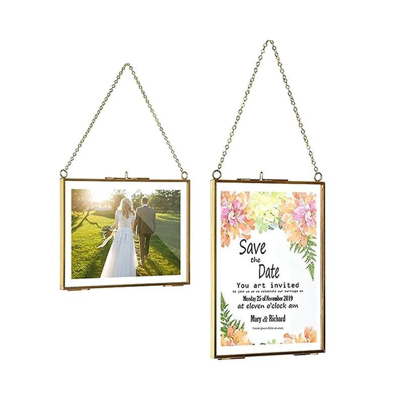 Golden Glass Brass Wall Hanging Picture Frame Artwork Display Frame, Double Glass Floating Frame Sty