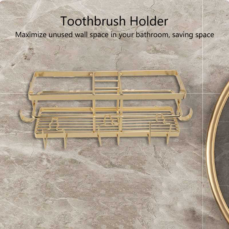 Golden Toothbrush Holder with Free Punching Bathroom Shelf Bathroom Rack Shampoo Holder
