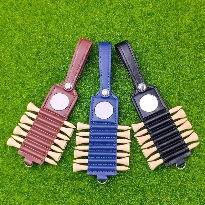 Golf Tee Storage Leather Holder , Set of 7, Including 7 Tee and Ball Tags,Golf Bag Accessories,Black