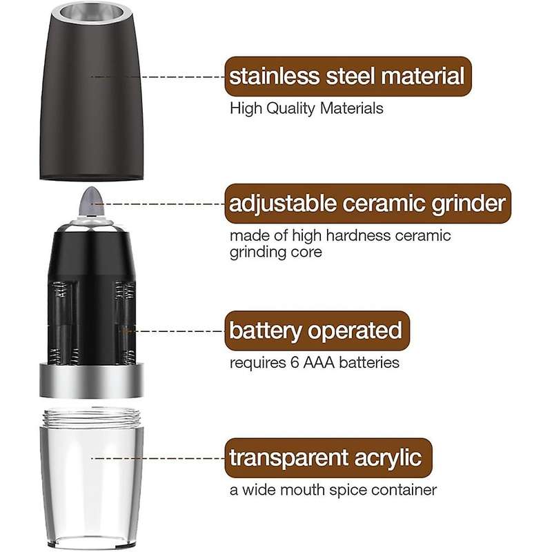 Gravity Electric Salt and Pepper Grinder, Adjustable Coarseness, Automatic Mill Grinder, Battery Pow