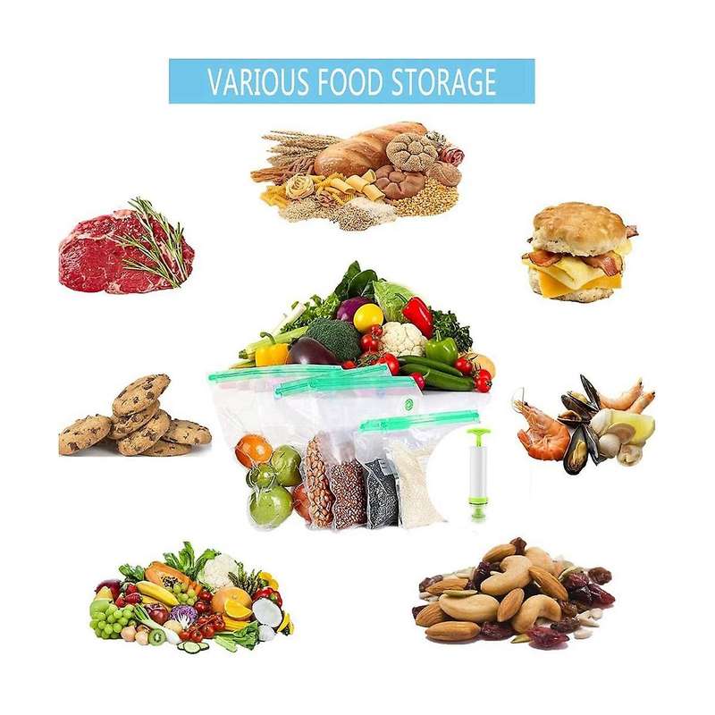 Green Sous Vide Bags 30 Pack Reusable Vacuum Food Storage Bags 1 Hand Pump,4 Sealing Clips
