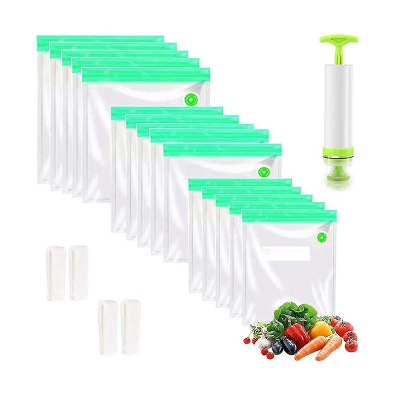 Green Sous Vide Bags 30 Pack Reusable Vacuum Food Storage Bags 1 Hand Pump,4 Sealing Clips