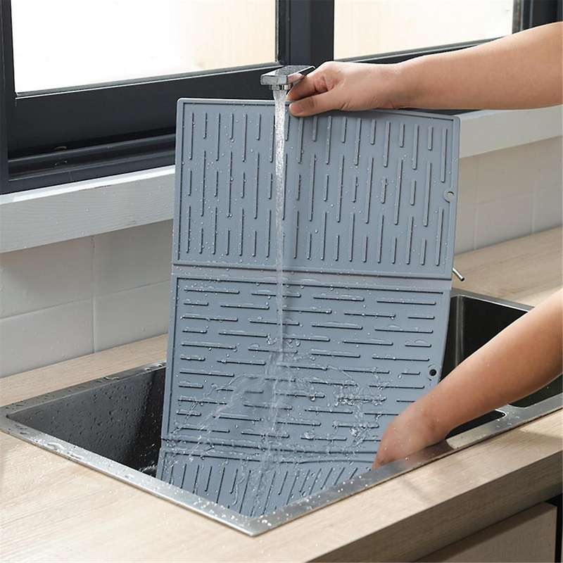Grey Foldable Tri-Fold Tableware Drying Mat Silicone Draining Mat for Kitchen Counters