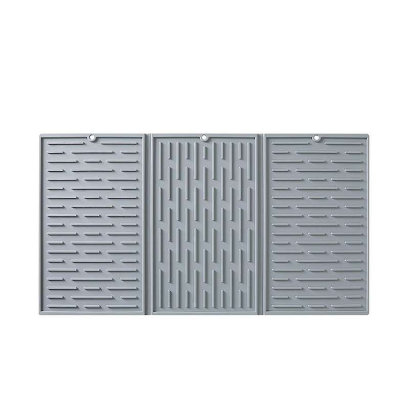Grey Foldable Tri-Fold Tableware Drying Mat Silicone Draining Mat for Kitchen Counters