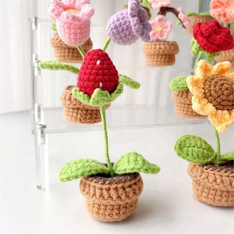 H Hand-Knitted Flowers Potted Crochet Artificial Plants Finished Woven Gift