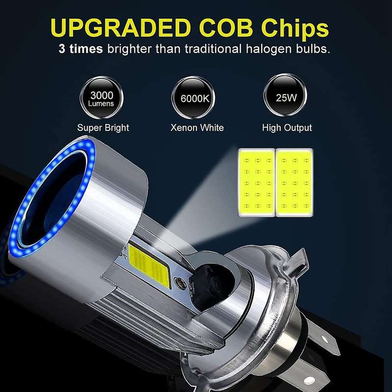 H4 LED Headlight Bulb Motorcycle Hi/Lo Beam with Angel Eye Daytime Running Light 25W 3000LM Super 6