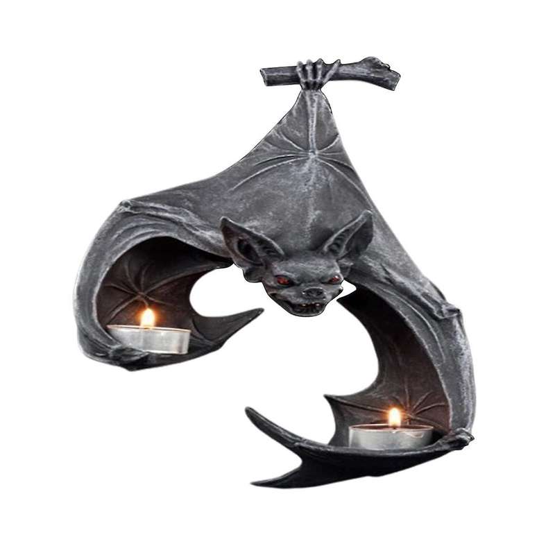 Halloween Bat-shaped Candlestick Resin Hanging Garden Statue Sculptures Crafts Candle Holder for Pat