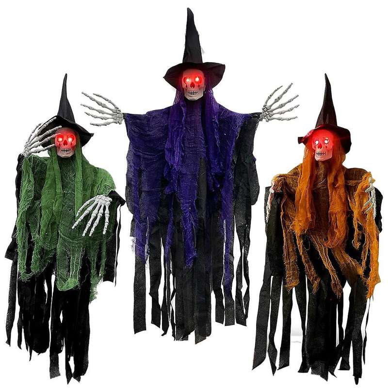 Halloween Hanging Ghost with Glowing Eyes, Hanging Skeleton Decoration, Hanging Grim Outdoor Indoor