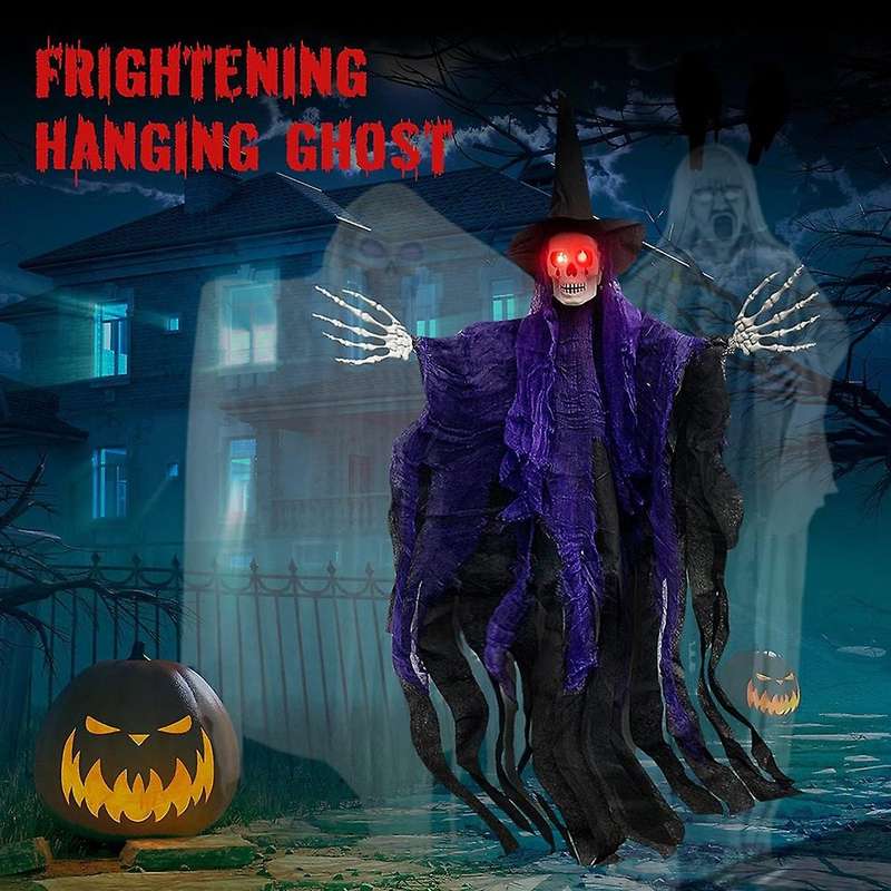 Halloween Hanging Ghost with Glowing Eyes, Hanging Skeleton Decoration, Hanging Grim Outdoor Indoor