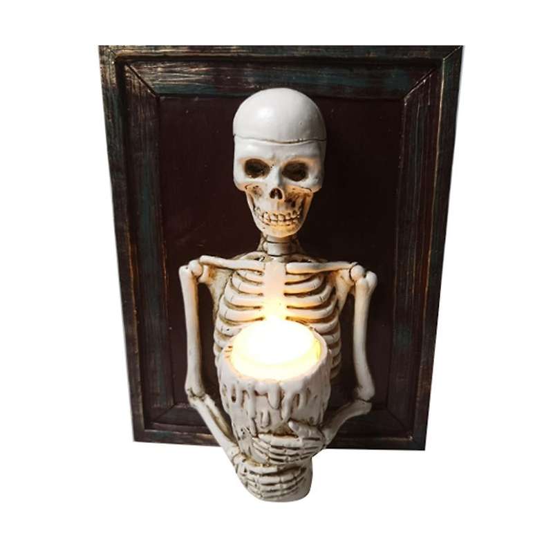 Halloween Led Candle Light Skeleton Framed Skeleton Torso Holding Candle Light Wall Ornament Horror