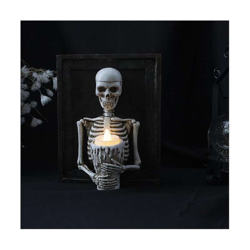 Halloween Led Candle Light Skeleton Framed Skeleton Torso Holding Candle Light Wall Ornament Horror
