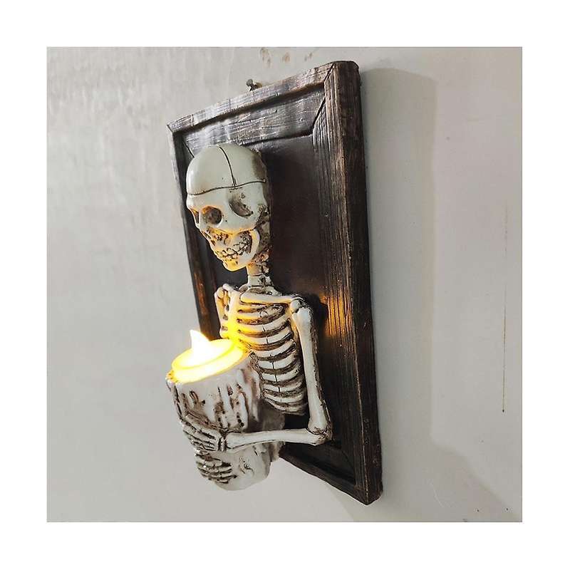Halloween Led Candle Light Skeleton Framed Skeleton Torso Holding Candle Light Wall Ornament Horror