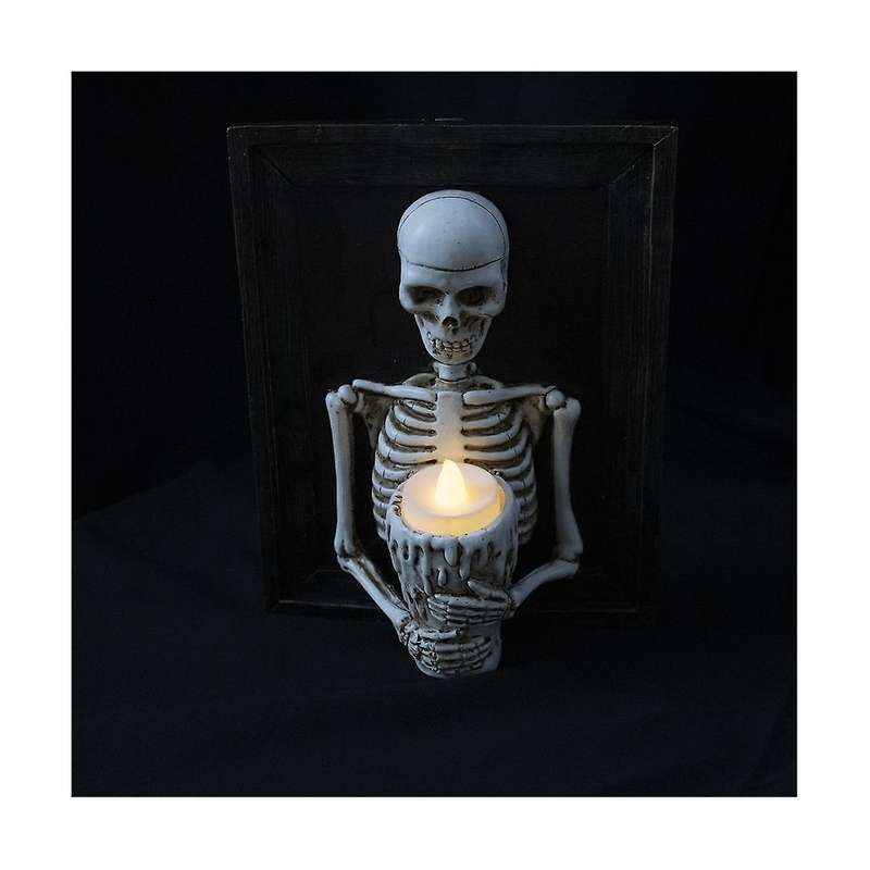 Halloween Led Candle Light Skeleton Framed Skeleton Torso Holding Candle Light Wall Ornament Horror