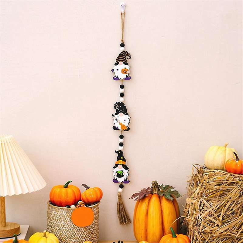 Halloween Wood Bead Garland with Pumpkin Bat Ghost- Rustic Pendant Wall Hanging Garland Beaded Tiere